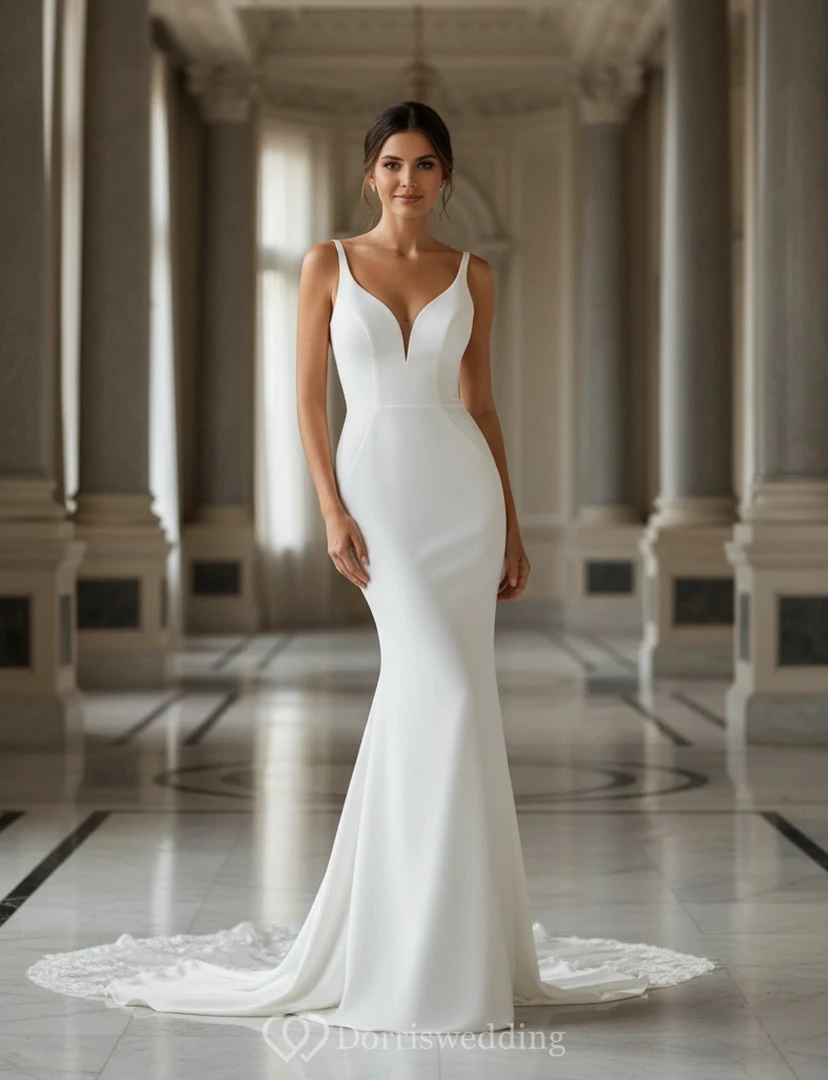 Schlichtes, figurbetontes Meerjungfrauen-Brautkleid mit V-Ausschnitt und kleiner Schleppe
