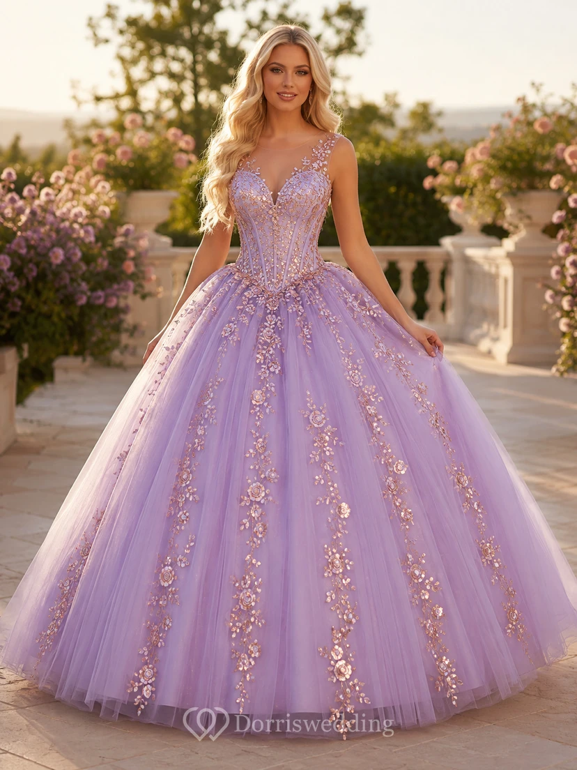 Vestido de baile de quinceañera de princesa de lujo color lila dorado con tirantes en V y lentejuelas espejadas