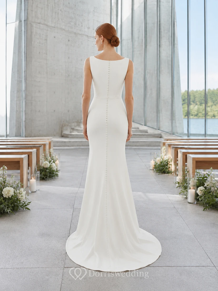 Minimalistisches Brautkleid aus Crêpe mit V-Ausschnitt und modernem Kapellen-Schnitt view 2