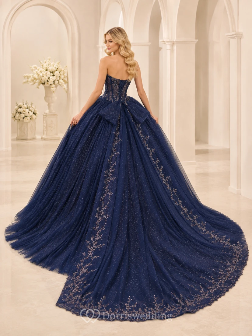 Dark Navy Luxury Strapless Sweetheart Glitter Tulle Detachable Cathedral Train Quinceanera Ball Gown view 2