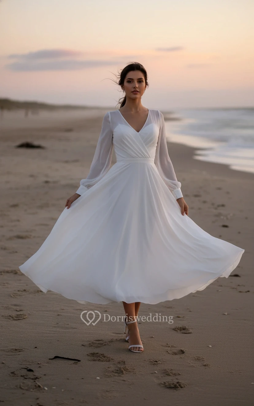 Robe de mariée de plage en mousseline à manches longues et col en V, longueur thé, en mousseline.