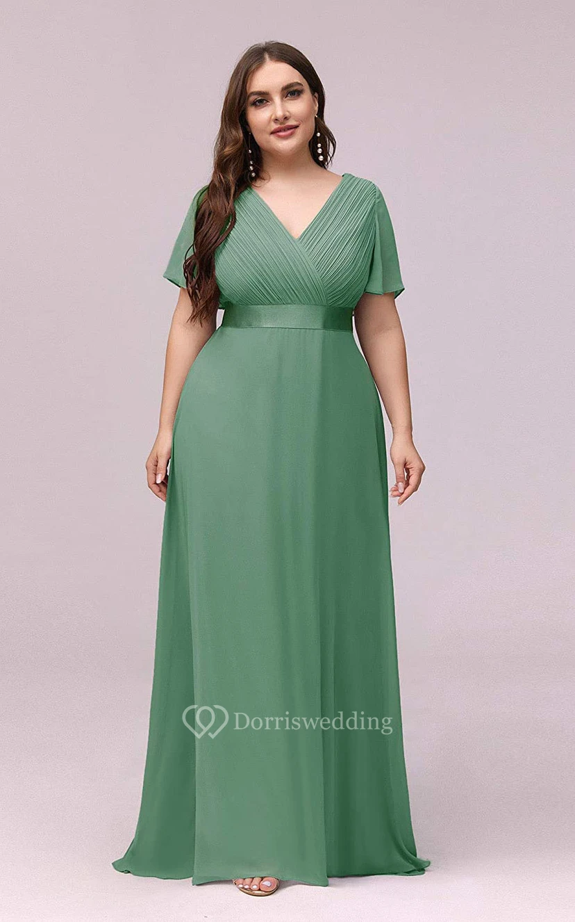 Romantic Chiffon V-neck Half Sleeve A Line Formal Dress With Criss Cross and Ruching view 12