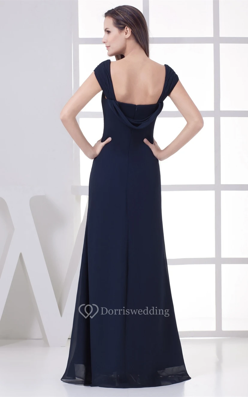 Caped-Sleeve Maxi Ruched Dress With Broach view 8