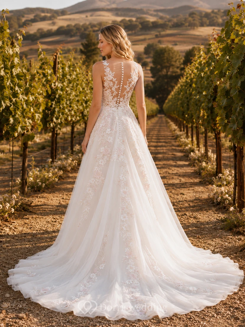 Brautkleid in A-Linie mit floraler Spitze, rosafarbener Stickerei und Weinbergmuster view 2