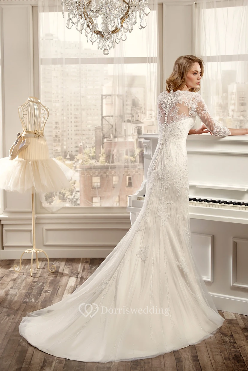 Sheath Beaded Bateau Long 3-4-Sleeve Tulle Wedding Dress With Appliques And Illusion Back view 2