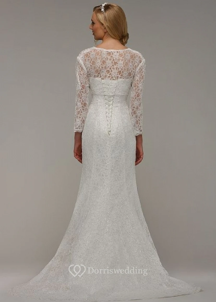 Long Sweetheart Beaded Long-Sleeve Lace Wedding Dress view 2