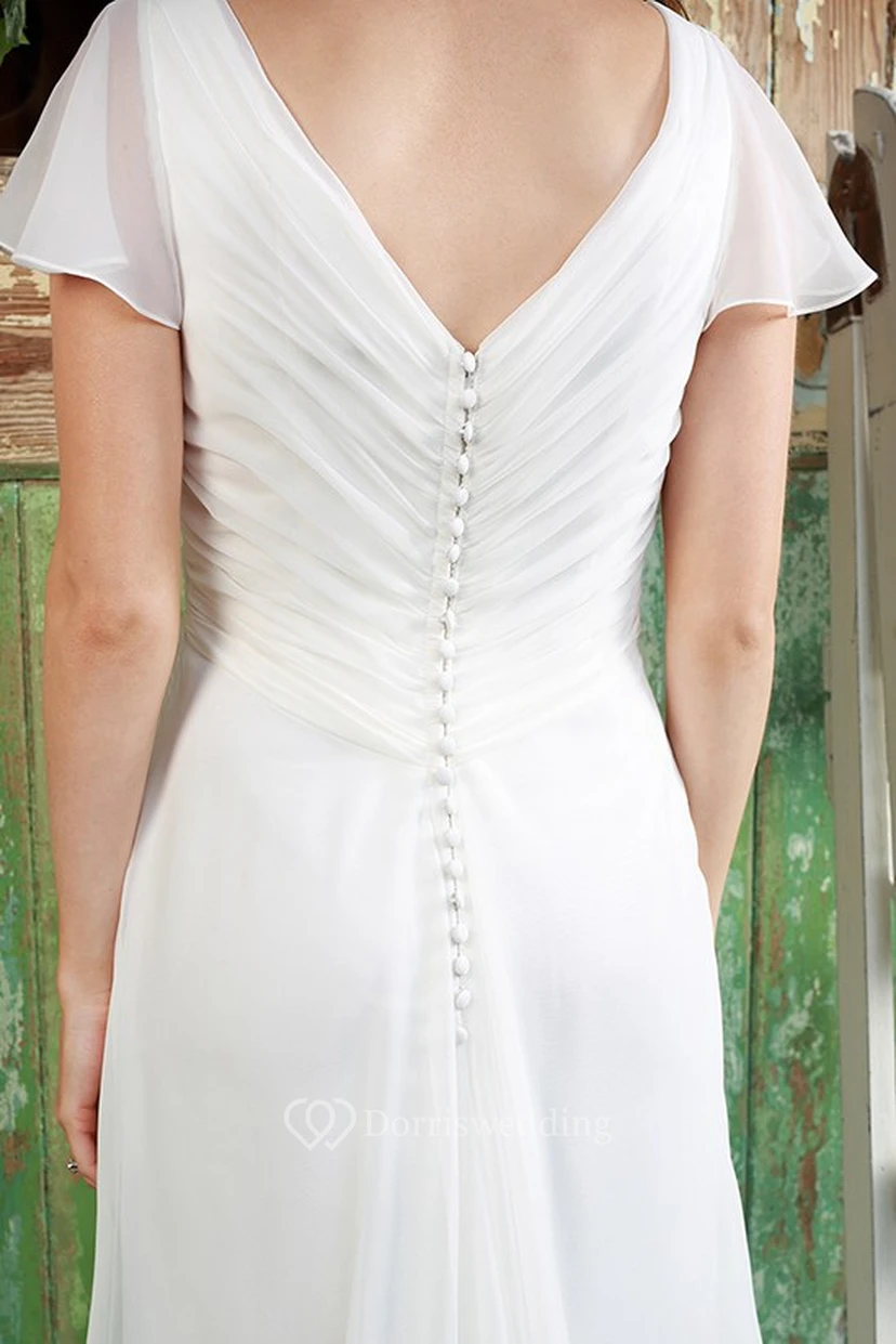Sheath V-Neck Poet-Sleeve Chiffon Wedding Dress With Criss Cross view 4