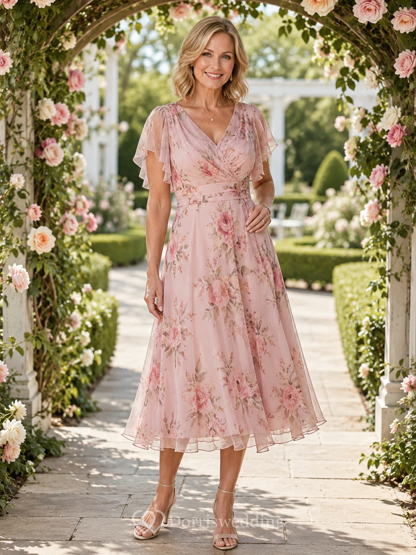 Romantisches, rosafarbenes Chiffonkleid mit Blumenmuster, V-Ausschnitt, kurzen, flatternden Ärmeln und A-Linien-Schnitt in Teelänge – perfekt für die Mutter der Braut im Sommergarten.