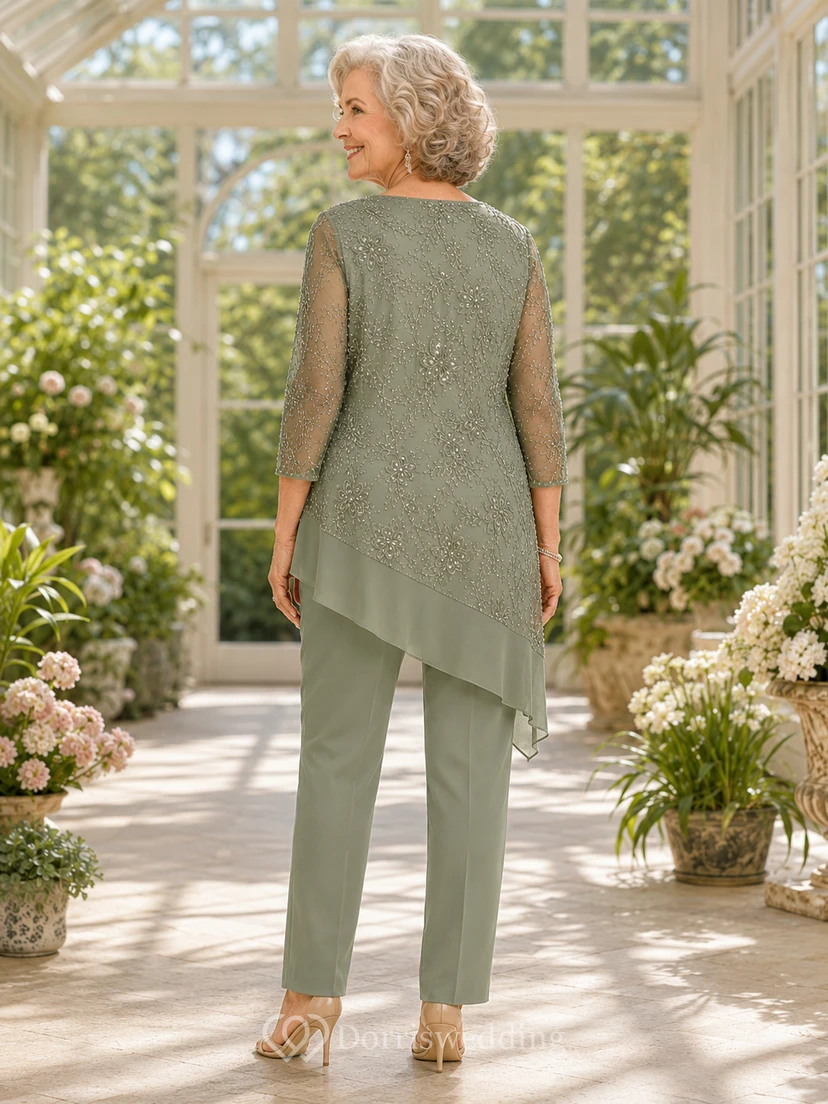 Elegante, asymmetrische Chiffon-Tunika mit Perlenbesatz in Salbeigrün, gerades Bein, formeller Hosenanzug für die Großmutter der Braut view 2
