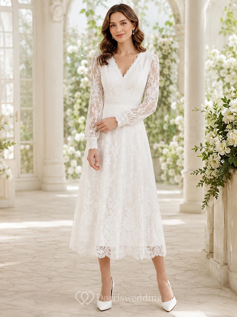 Civil Courthouse Modest Long Sleeve V-Neck Lace A-Line Tea-Length Wedding Dress