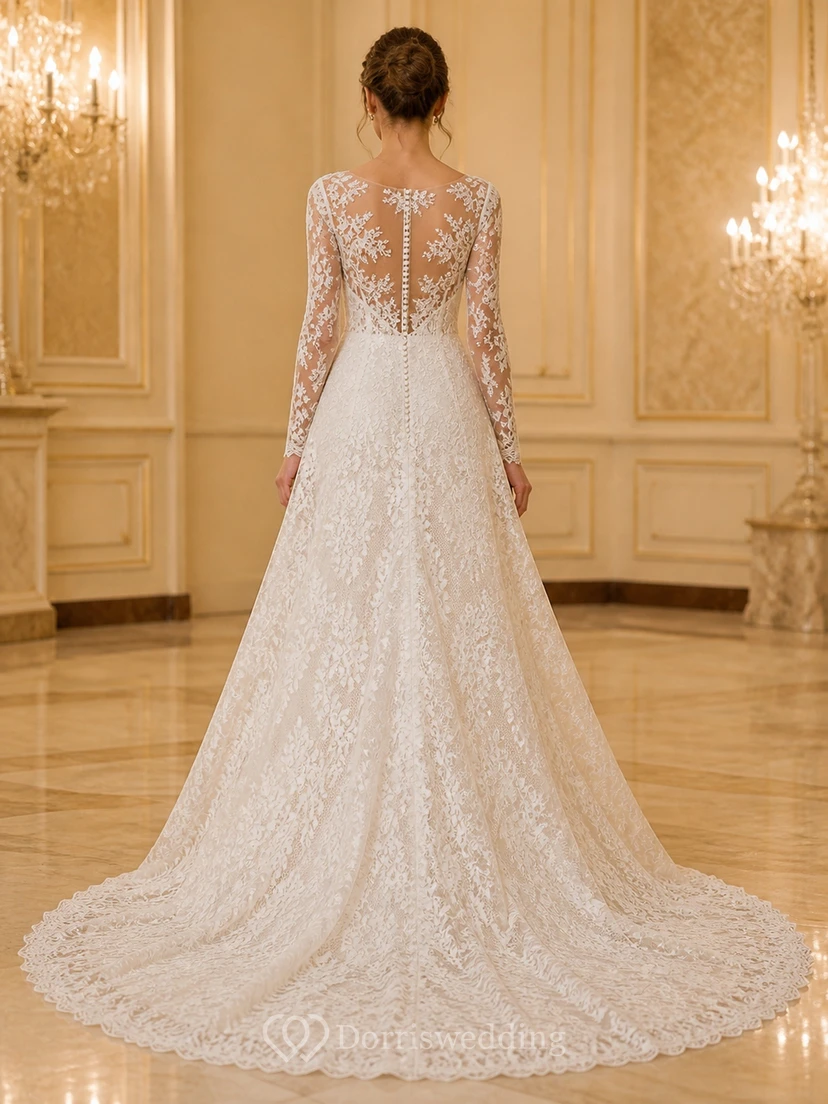 Gran vestido de novia de corte A con cola de catedral, encaje floral y mangas largas view 2