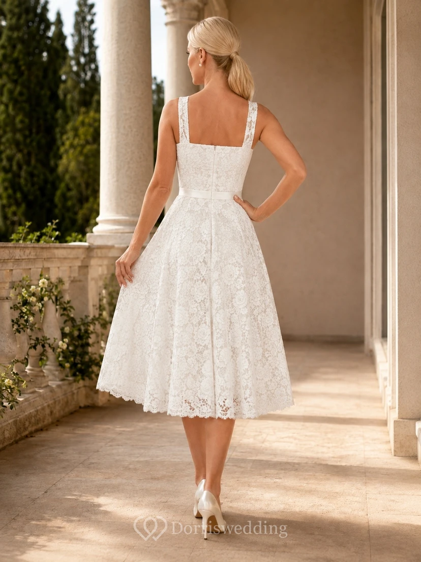 White Lace Square-Neck Sleeveless A-Line Tea-Length Occasion Dress view 2