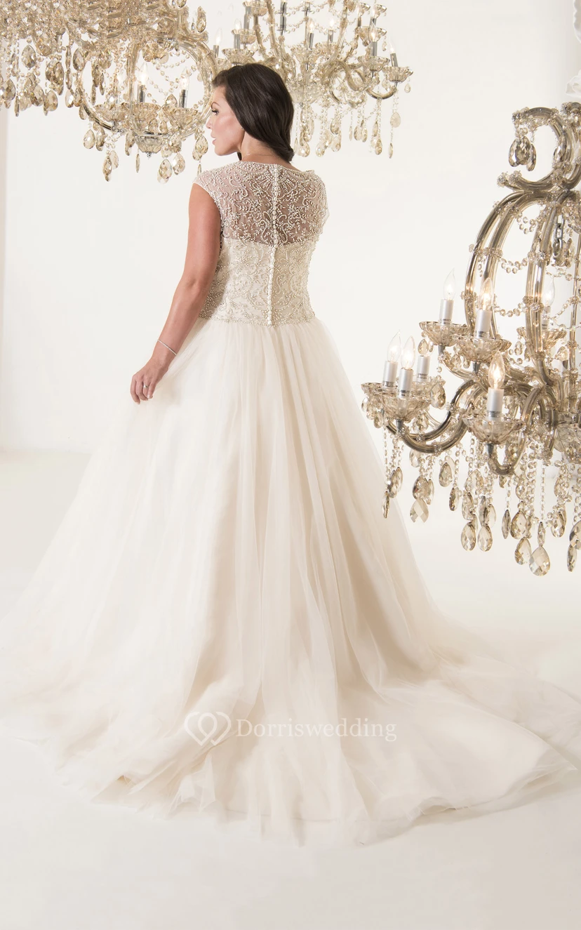 A-Line Floor-Length V-Neck Sleeveless Tulle Court Train Illusion Beading Dress view 2