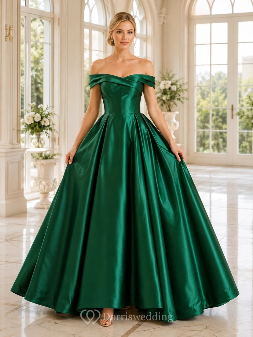Vestido de gala largo de satén color esmeralda, sin mangas, con escote Bardot y plisado.