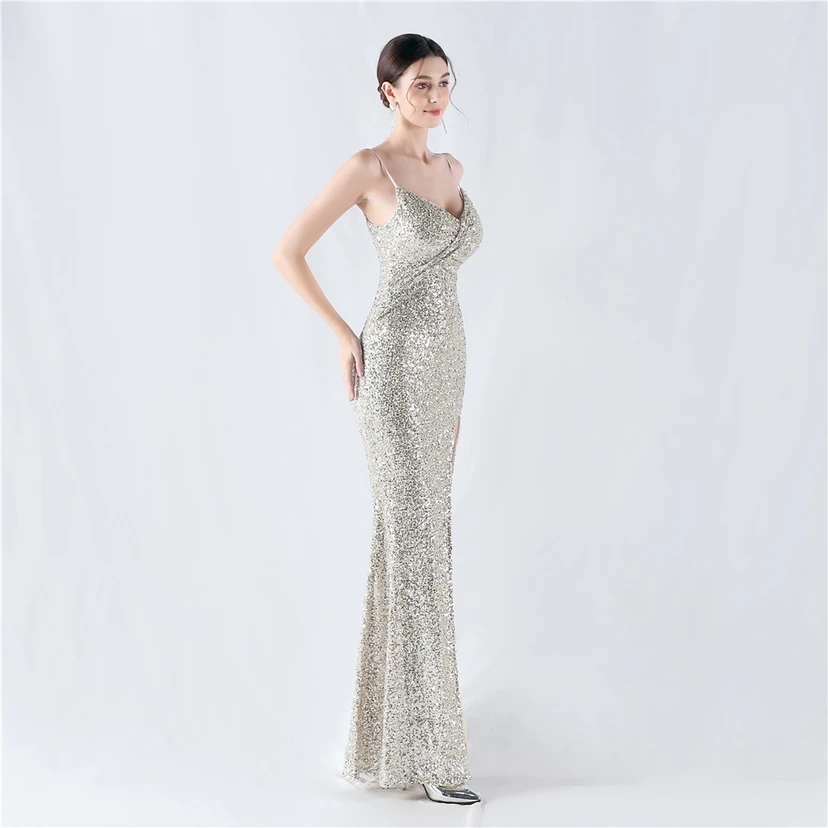 Robe de soirée sexy à sequins et fente haute, avec bretelles et encoche cryptée view 58