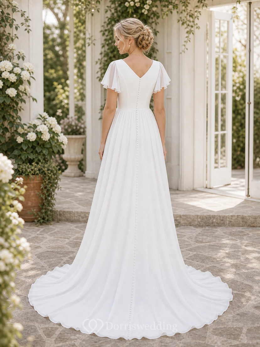 Robe de mariée décontractée en mousseline de soie, coupe trapèze, longueur au sol, traîne brossée, manches courtes et volants, col en V. view 3