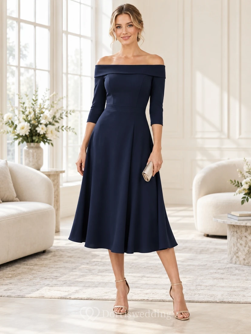 Vestido de invitada de boda sencillo, azul marino, largo hasta la rodilla, con hombros descubiertos, manga tres cuartos, falda acampanada, cintura ajustada y corte en A.