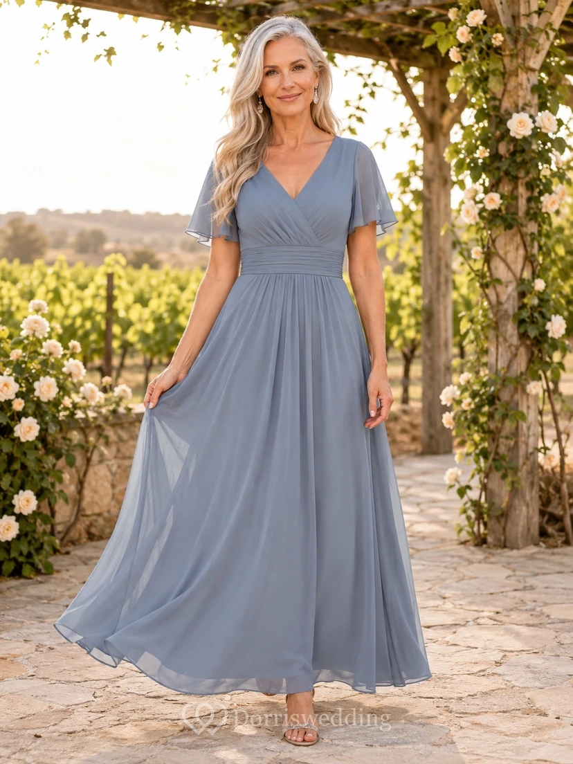 Steel Blue V-Neck Flutter Sleeve Chiffon A-Line Ankle-Length Vow Renewal Dress