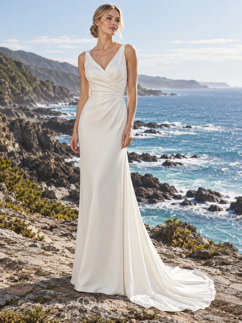 Vestido de novia sencillo de satén, sin mangas, con escote en V, corpiño fruncido y cintura natural.
