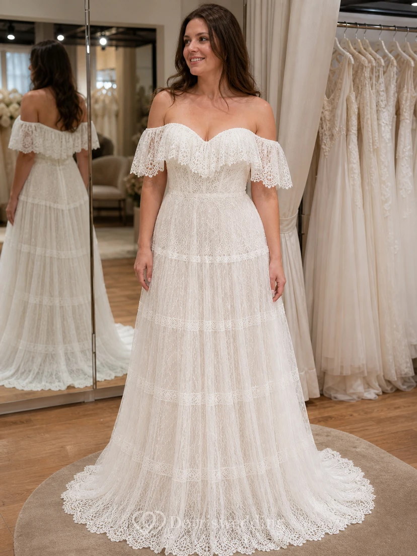 Boho Off-the-Shoulder Lace Vintage Wedding Dress with Layered Skirt view 8
