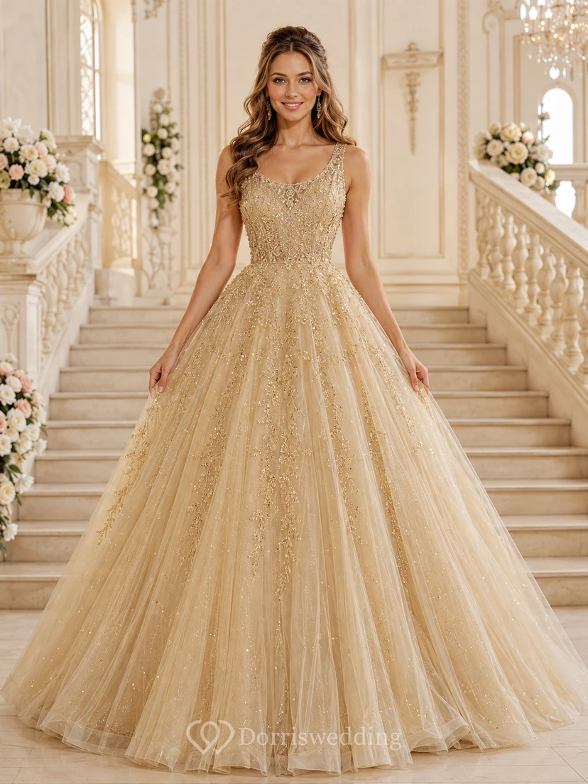 Champagne Lace Beaded Sweetheart Tulle Full Ball Gown