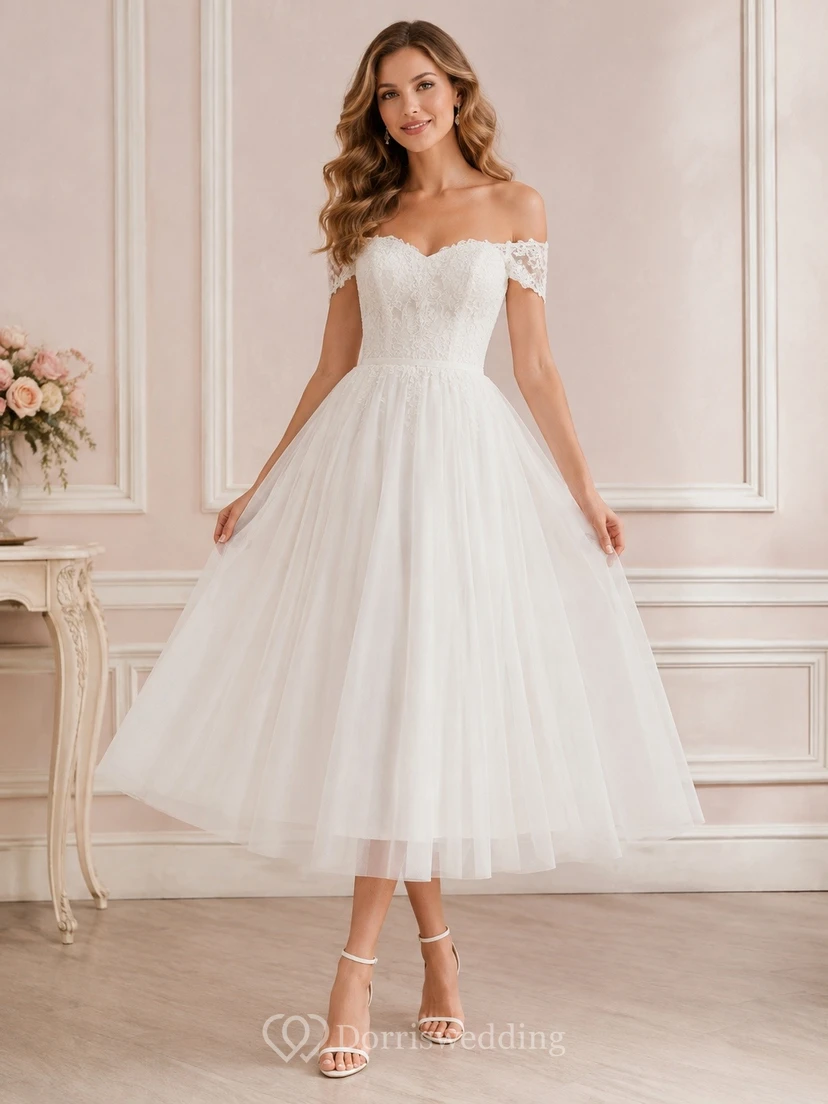 Weißes schulterfreies Tüll-Midikleid in A-Linie mit kurzen Ärmeln