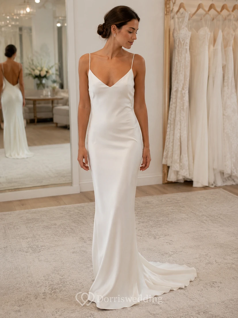 Robe de mariée minimaliste en satin, nuisette et dos nu drapé. view 6