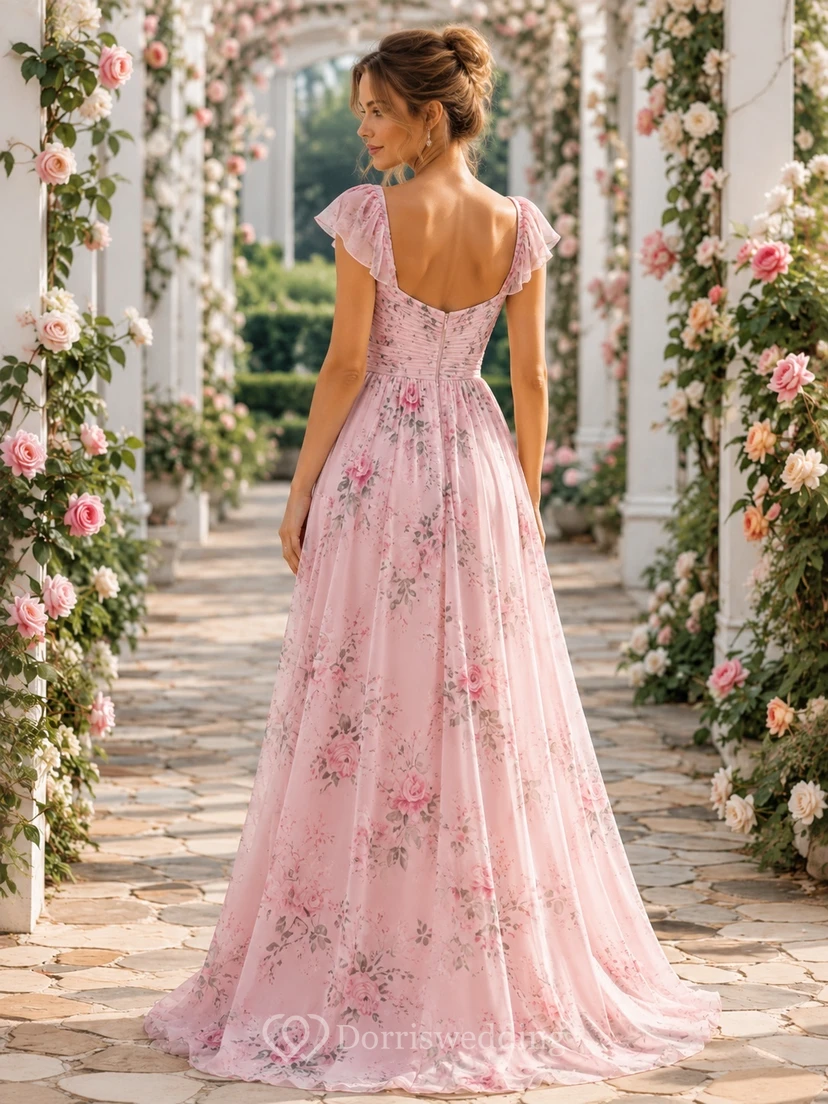 Blush Floral Sweetheart Petal Sleeve Chiffon Floor Length Garden Guest Gown view 2