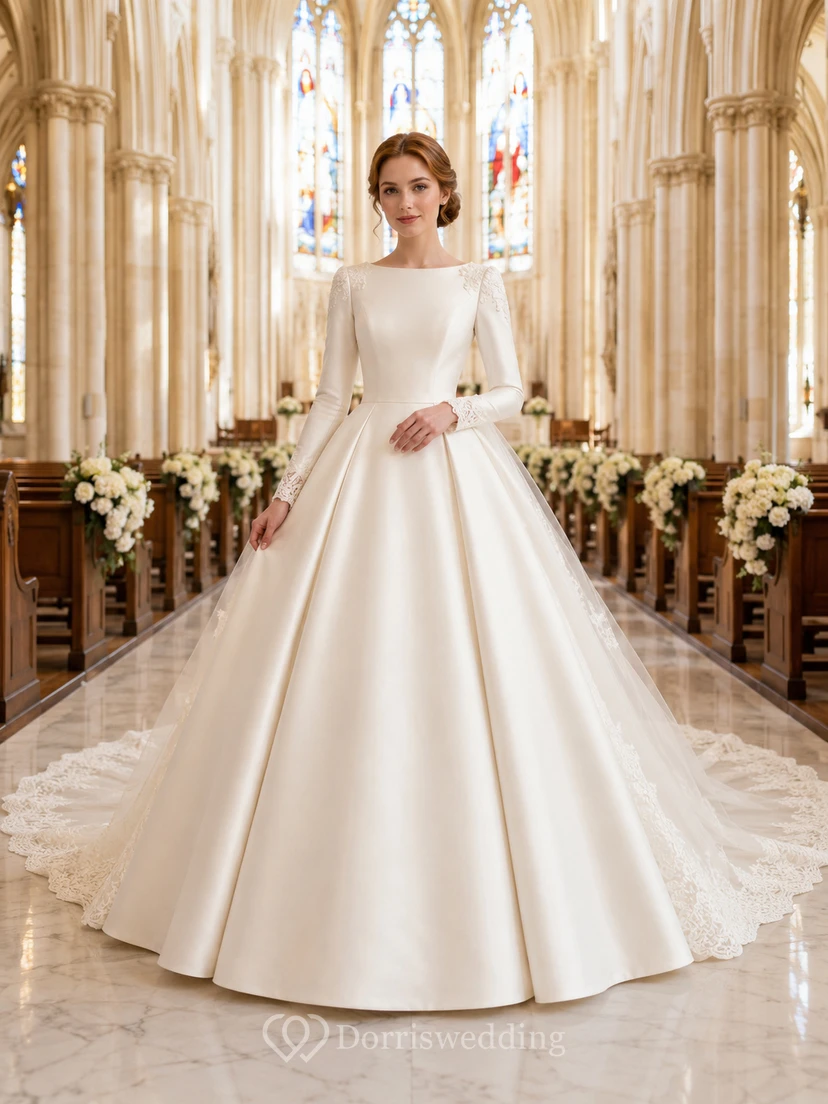 Vestido de novia de gala de satén de manga larga y estilo modesto, estilo catedral.