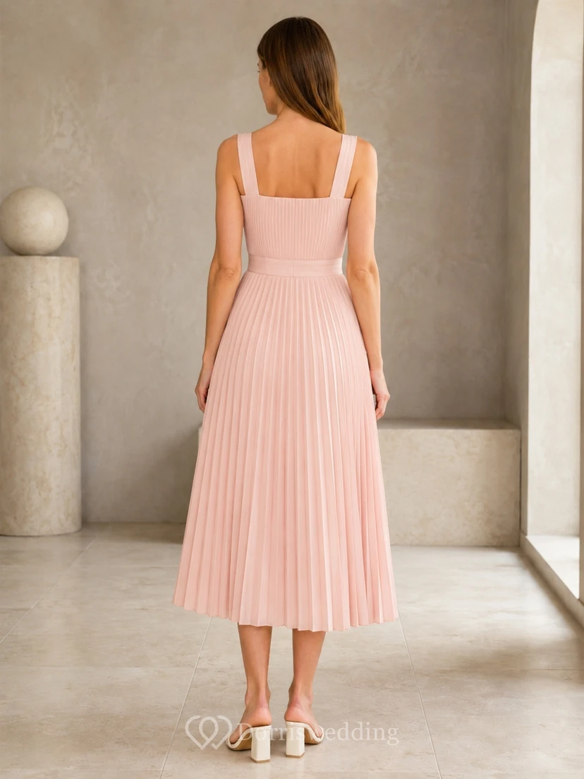 Blush Pleated Square Neck Tea-length Elegant Cocktail Guest Dress view 2
