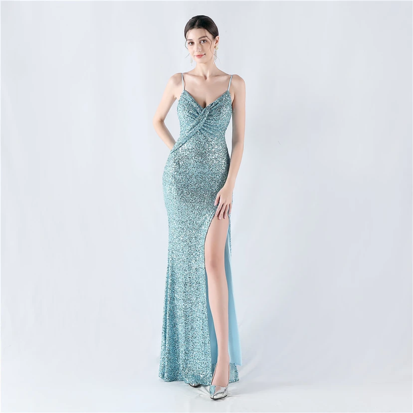 Robe de soirée sexy à sequins et fente haute, avec bretelles et encoche cryptée view 38