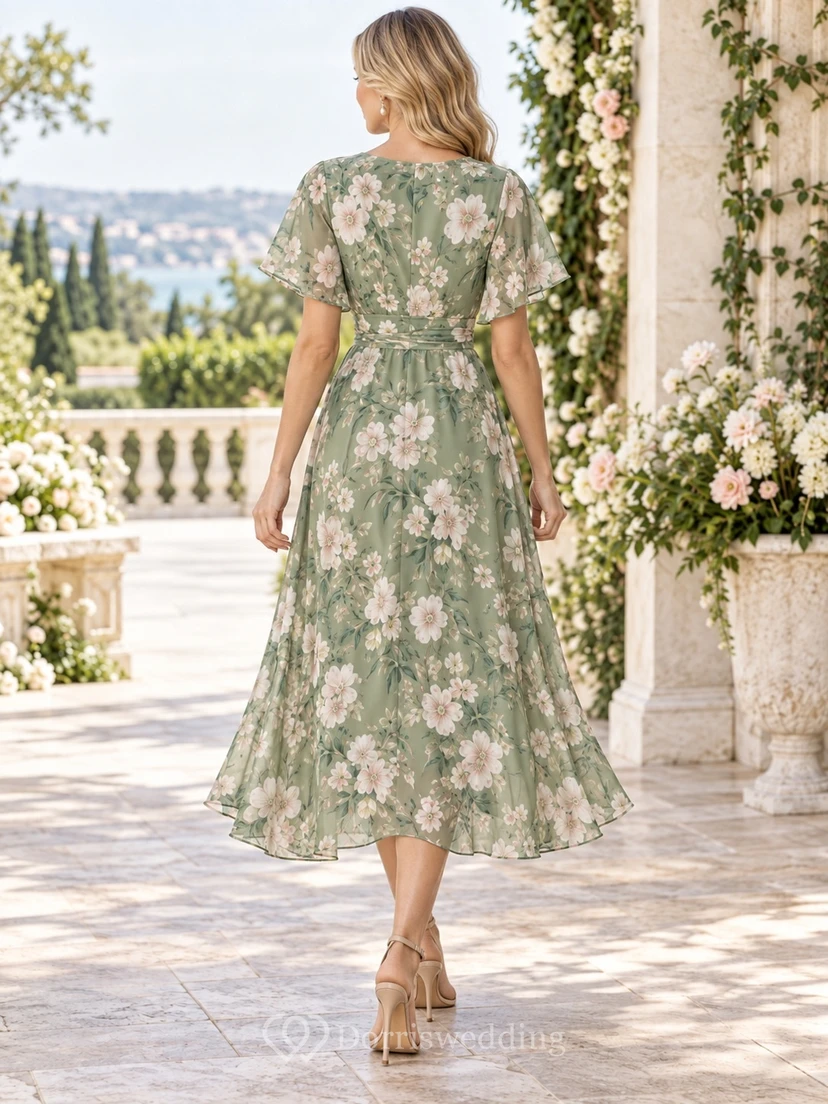 Vestido de fiesta de gasa con estampado floral verde salvia, escote en V cruzado y manga corta. view 2