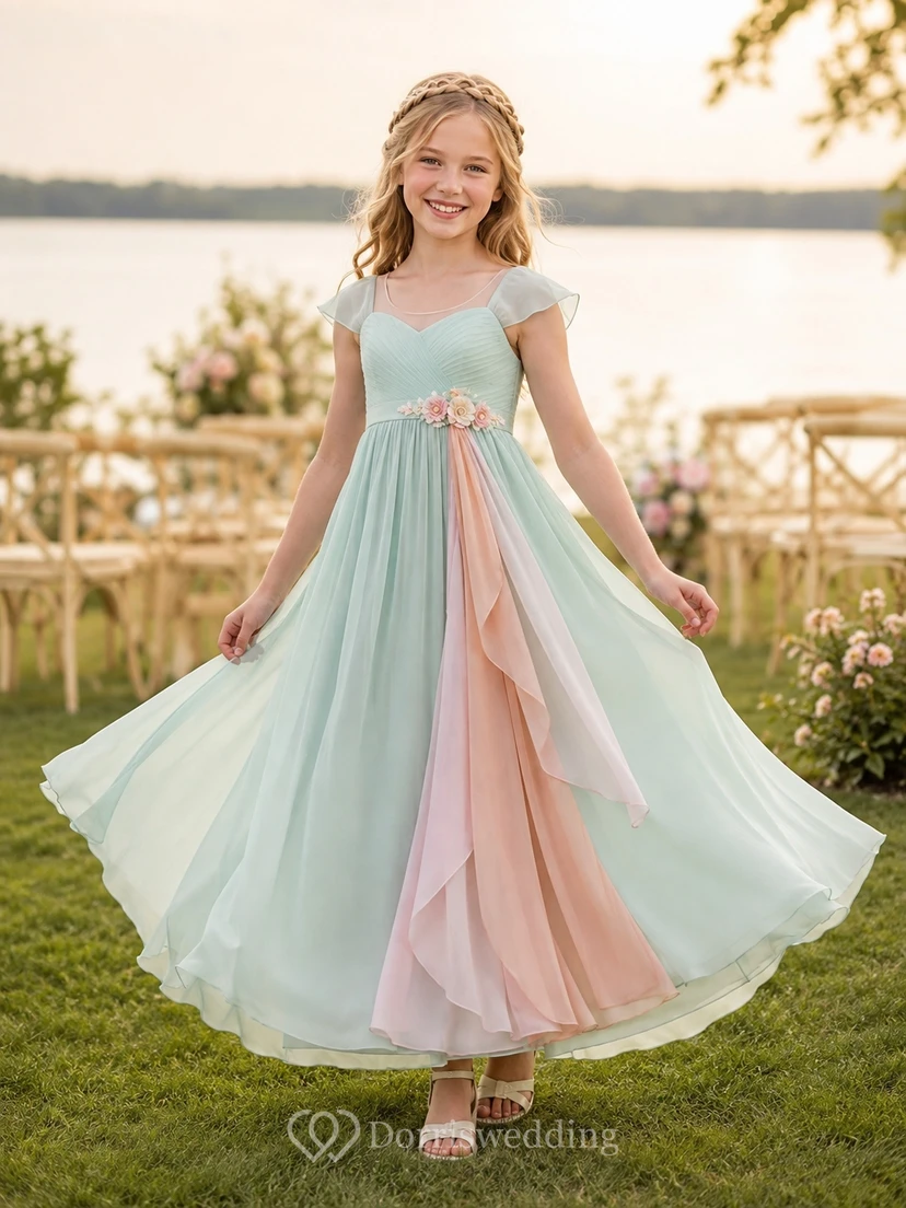 Mintgrünes Brautjungfernkleid für junge Damen, A-Linie, V-Ausschnitt, kurze Blütenblattärmel, Tüllblumen-Stufen