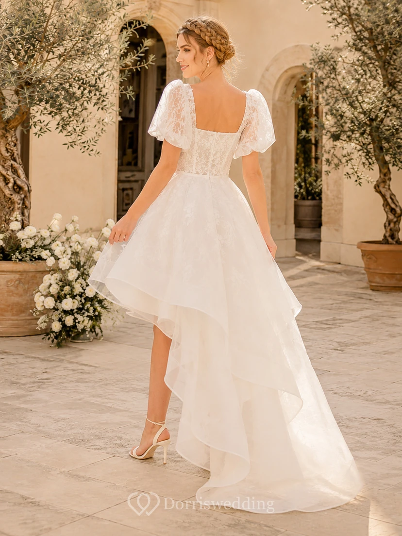 Bohemian High-Low Square Puff Sleeve Tiered Chiffon Romantic Wedding Dress view 2