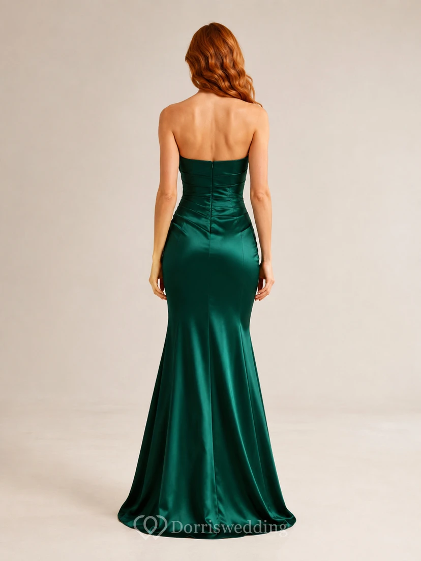 Robe de bal sirène en satin émeraude, bustier cœur, sans bretelles, longueur au sol view 2