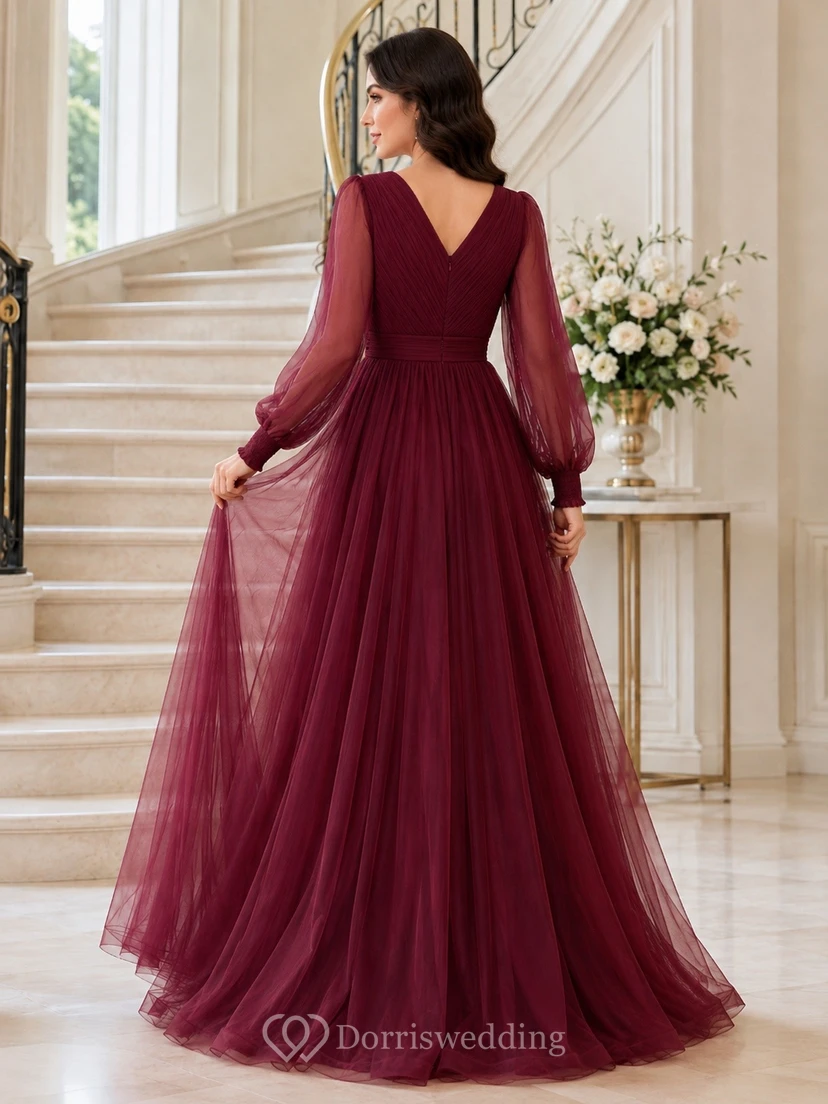 Burgundy Chiffon V-neck Long Sleeve A-Line Floor-length Formal Gown view 2