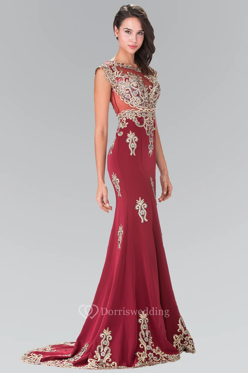 Trumpet Scoop-Neck Cap-Sleeve Jersey Dress With Appliques And Beading view 2