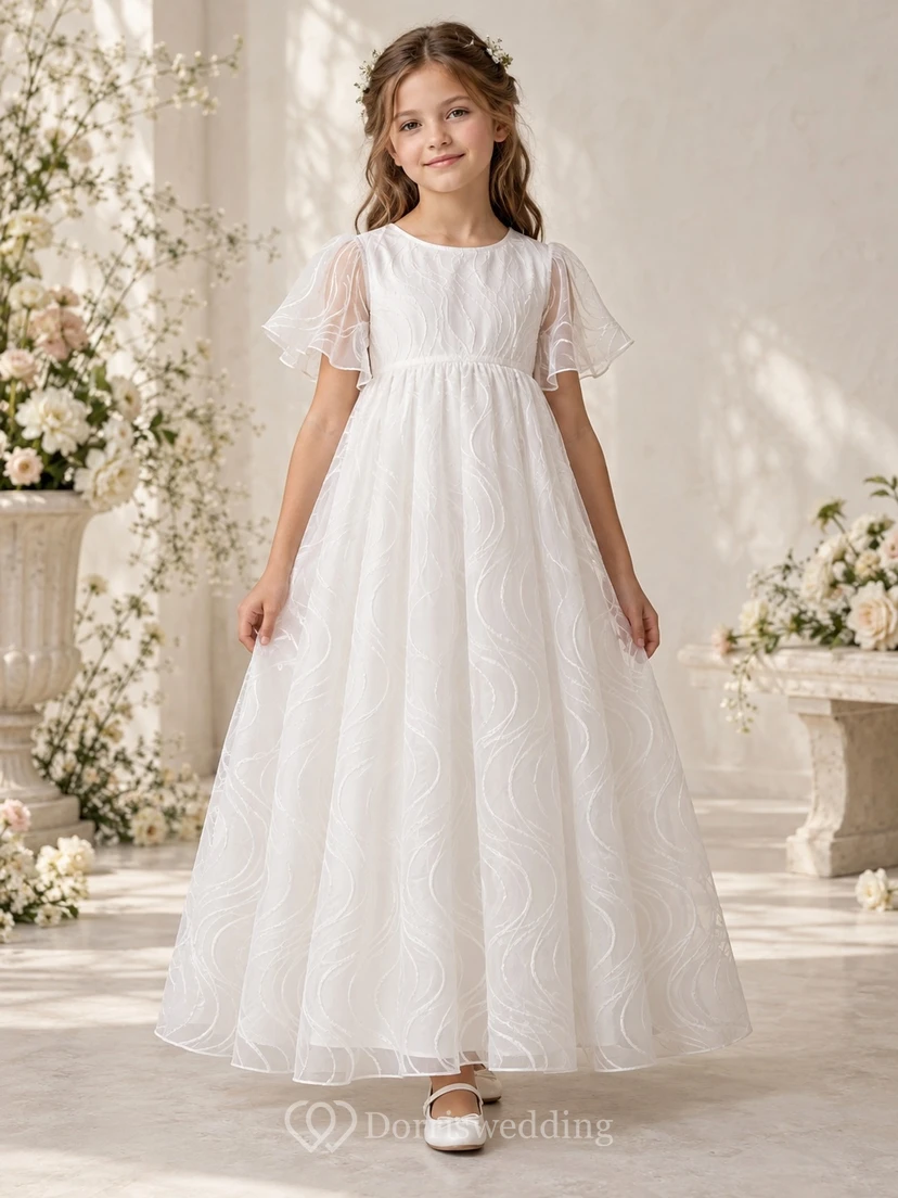 White Jewel Neck Flutter Sleeve Wave Embroidered Organza A-line Flower Girl Dress