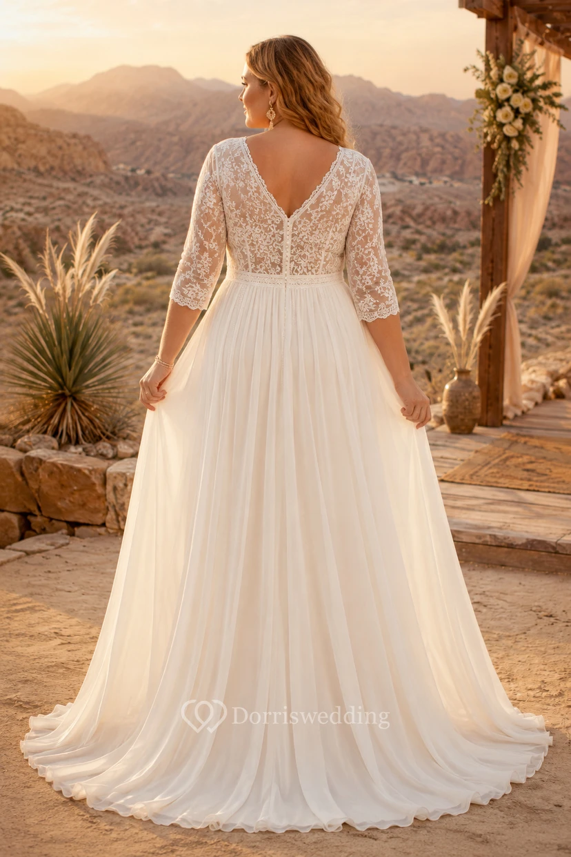 Vestido de novia de talla grande con escote en V, manga larga, encaje y corte en A con falda de tul. view 2