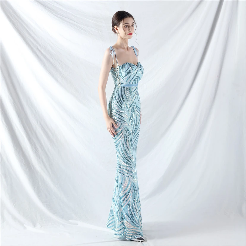 Vestido de noche con tirantes, top tipo tubo y lentejuelas apiladas encriptadas, con método de doble atado de cuerda. view 73