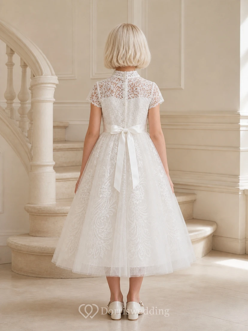 Schlichtes, teelanges A-Linien-Tüllkleid mit hohem Kragen und kurzen Ärmeln für Blumenmädchen view 2