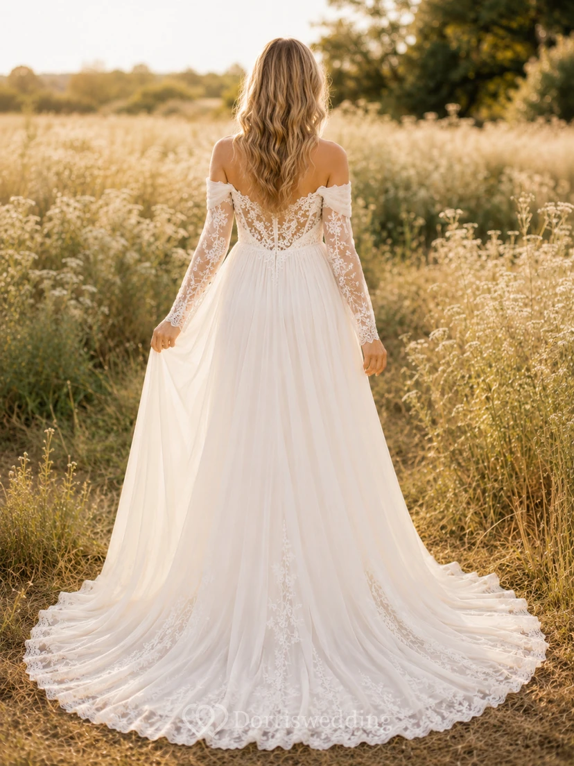 Maternity Wedding Dress Off Shoulder Long Sleeve Lace Tulle Gown with Applique Train view 2