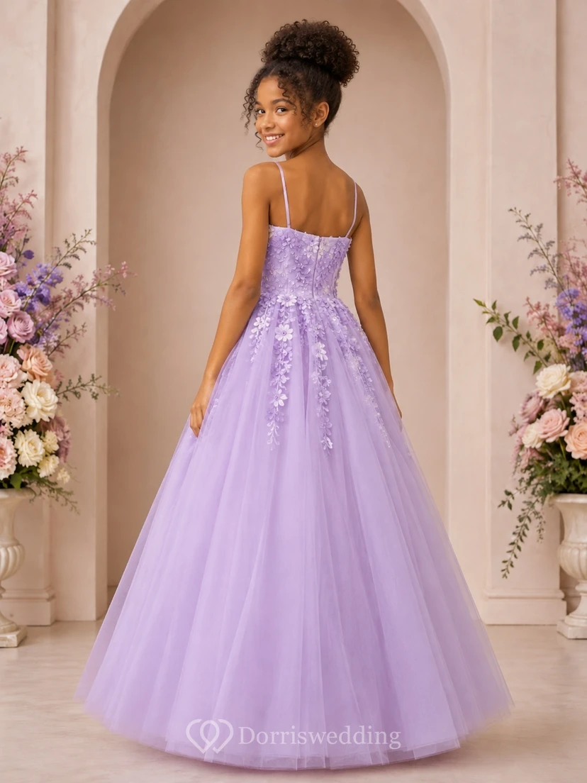 Lavendelfarbenes Brautjungfernkleid, A-Linie, Spaghettiträger, ärmellos, Tüll, Blumenmuster, romantisch view 2