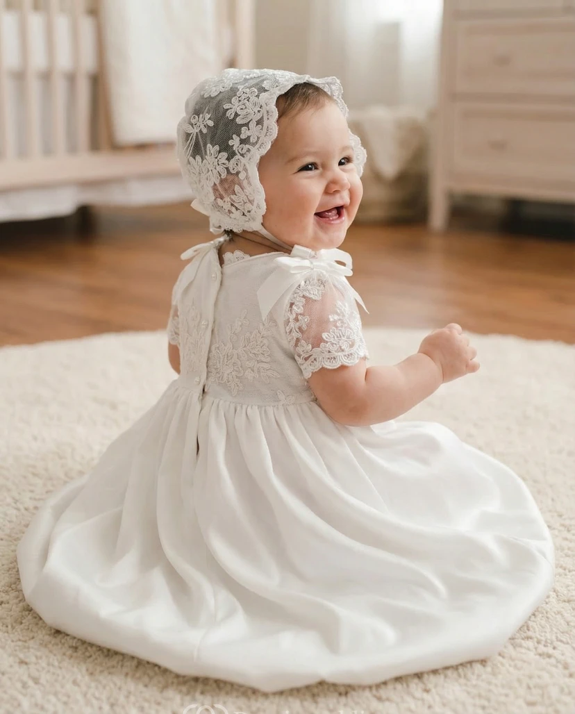 Vestido blanco de niña para bautizo, vestido de encaje de manga corta con gorrito de lazo. view 2