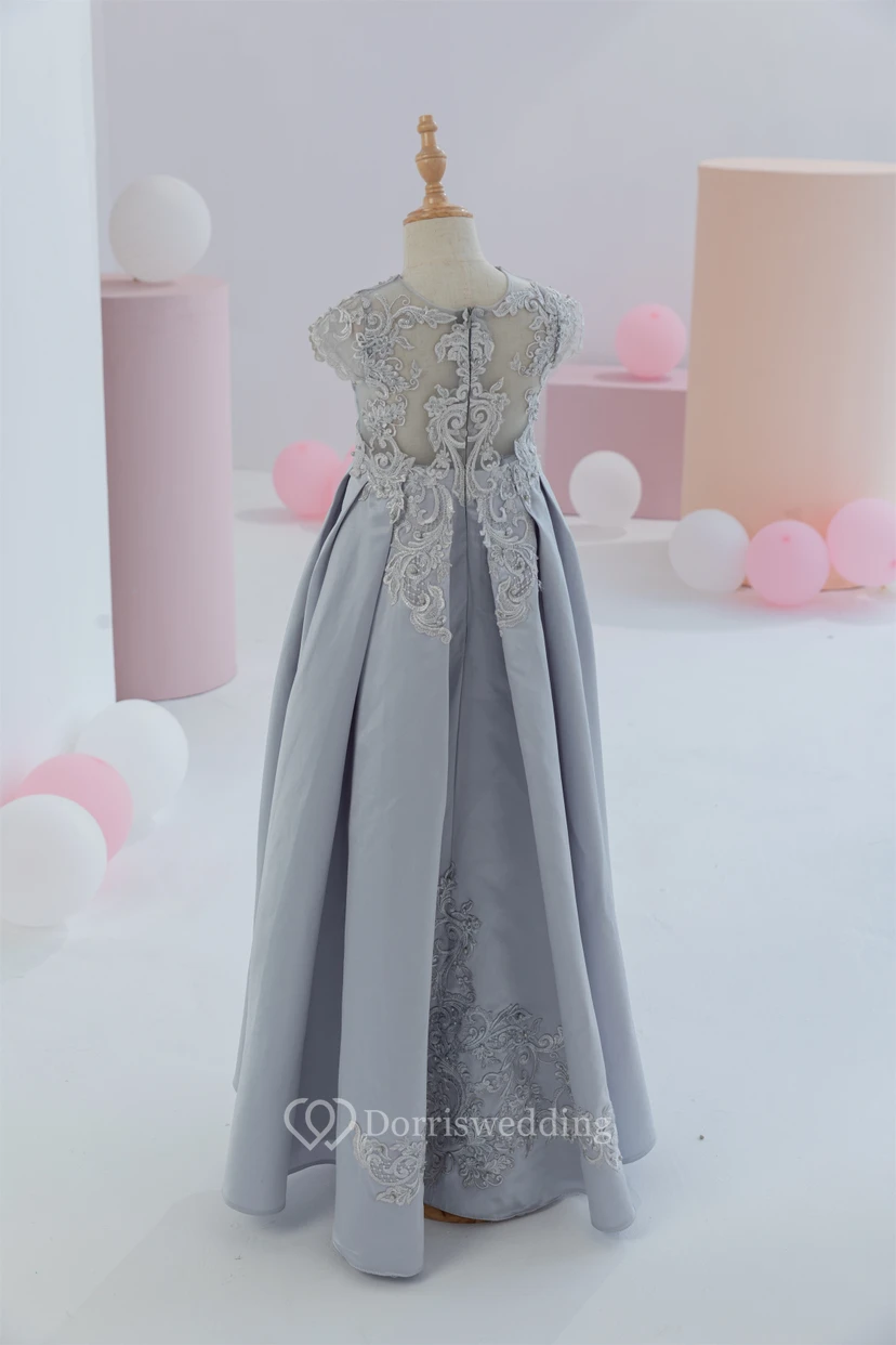 Scoop-neck Short-sleeve Satin Empire Ball Gown Flowergirl Dress with Appliques view 10