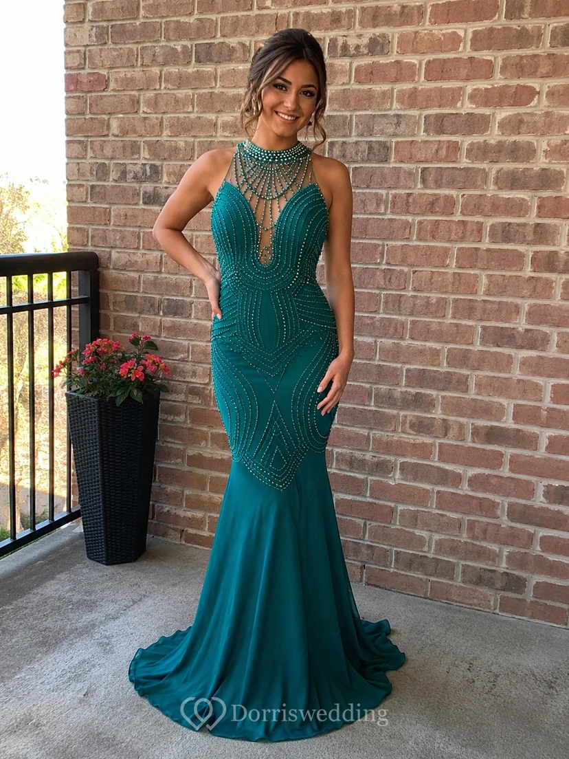 Beautiful Sleeveless Pearls Mermaid Prom Dresses Floor Length view 10