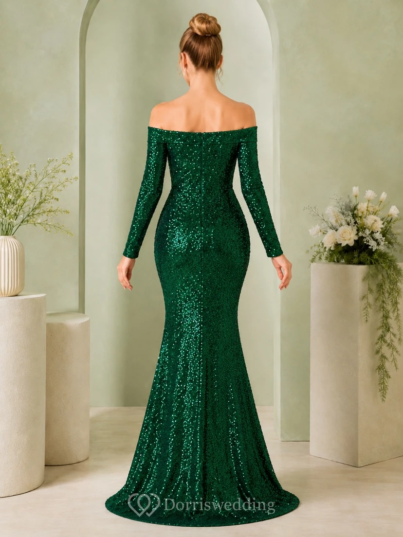 Emerald Sequin Off-the-shoulder Long Sleeve Mermaid Floor-length Formal Gown view 2