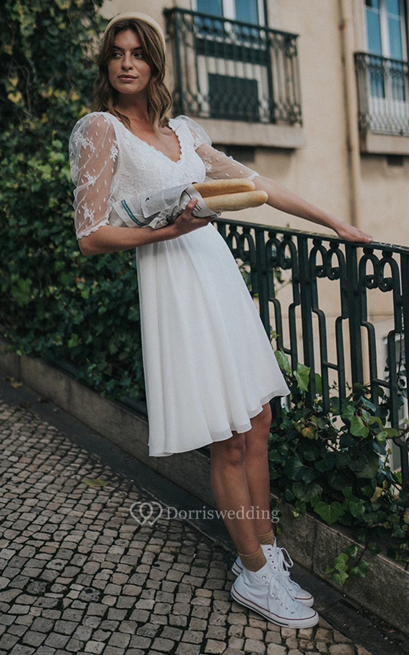 Simple A Line Knee-length Chiffon Short Bridal Dresses Gown with Ruching view 3