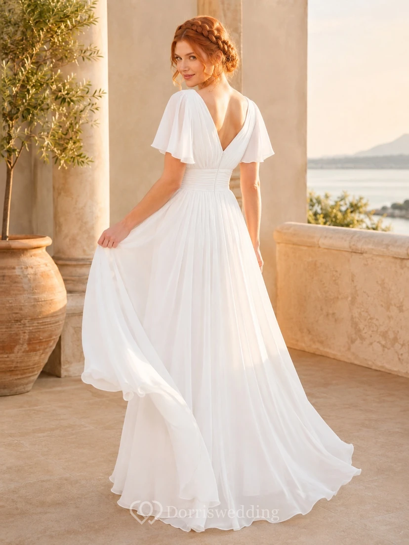 Simple Chiffon A-Line V-Neck Flutter Sleeve Floor-Length Wedding Dress view 2