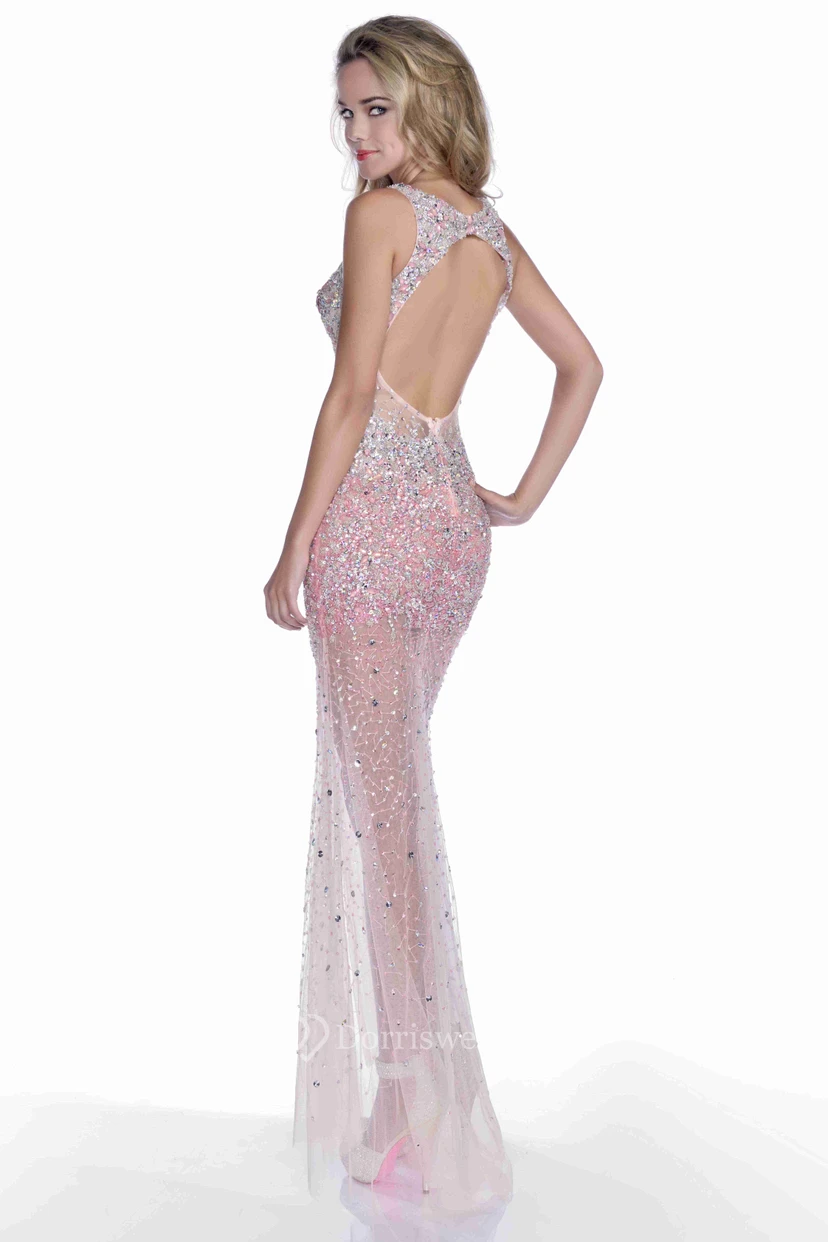 V-Neck Sleeveless Mermaid Tulle Prom Dress Featuring Keyhole Back And Bling Rhinestones view 3